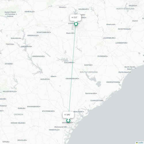 Mapa lotu bezpośredniego Savannah – Charlotte