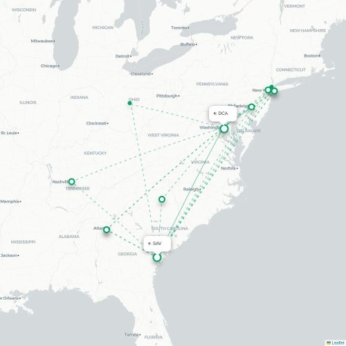 Savannah - Washington karta över direktflyg