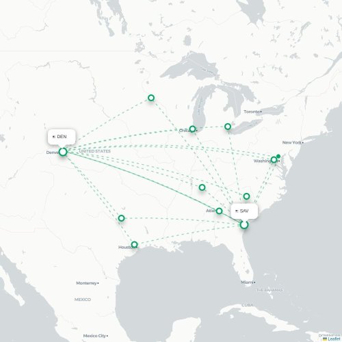 Mapa lotu bezpośredniego Savannah – Denver
