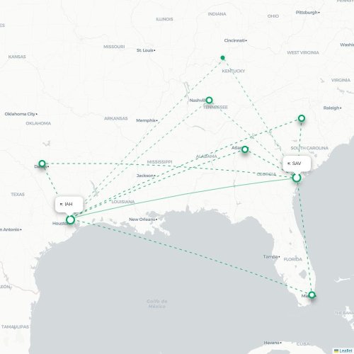 Mapa lotu bezpośredniego Savannah – Houston