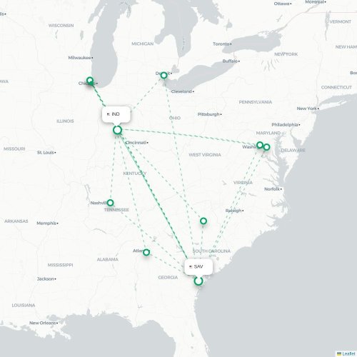 Mapa lotu bezpośredniego Savannah – Indianapolis