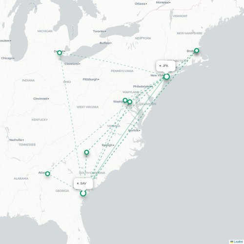 Mapa lotu bezpośredniego Savannah – Nowy Jork