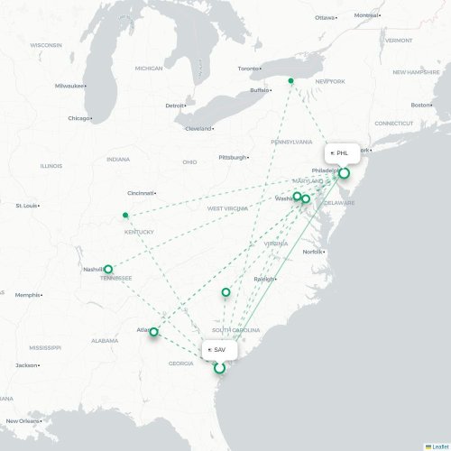 Mapa lotu bezpośredniego Savannah – Filadelfia