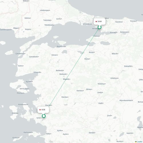 Mapa de vuelo directo Estambul - Esmirna