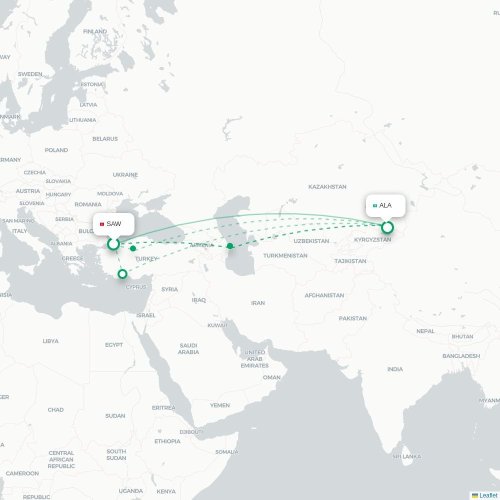 Mapa de vuelo directo Estambul - Almatý
