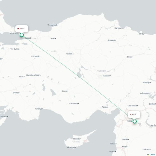 Mapa de vuelo directo Estambul - Alepo
