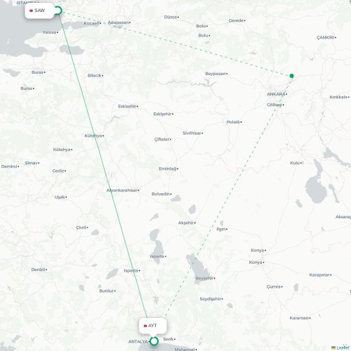 Mapa de vuelo directo Estambul - Antalya