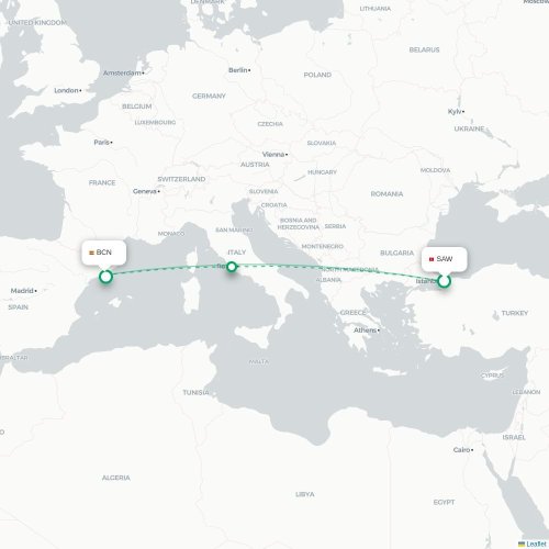Mapa de vuelo directo Estambul - Barcelona