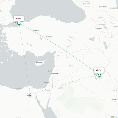 Mapa lotu bezpośredniego Stambuł – Bagdad