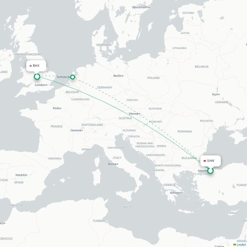 Mapa de vuelo directo Estambul - Birmingham