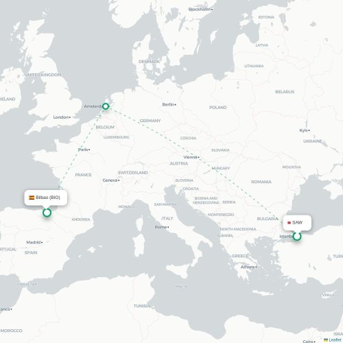 Mapa de vuelo directo Estambul - Bilbao