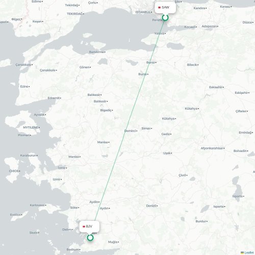 Mapa de vuelo directo Estambul - Bodrum