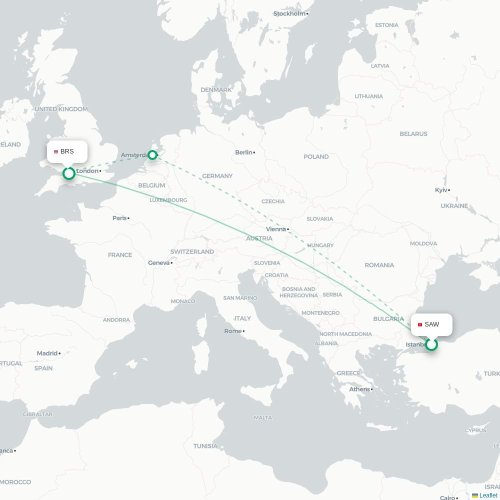Mapa de vuelo directo Estambul - Brístol