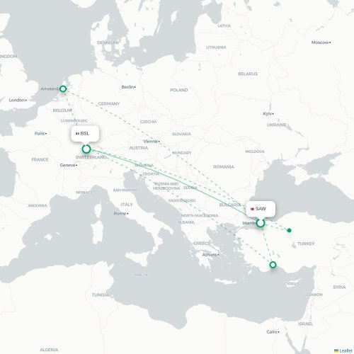 Mapa de vuelo directo Estambul - Basilea, Suiza