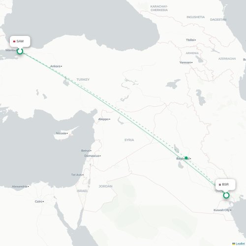Mapa lotu bezpośredniego Stambuł – Al-Basra