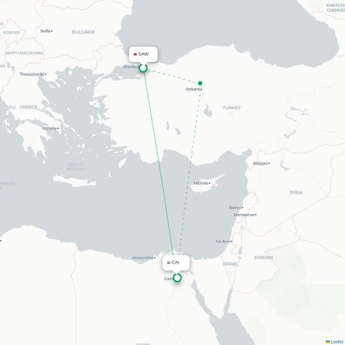 Mapa de vuelo directo Estambul - El Cairo