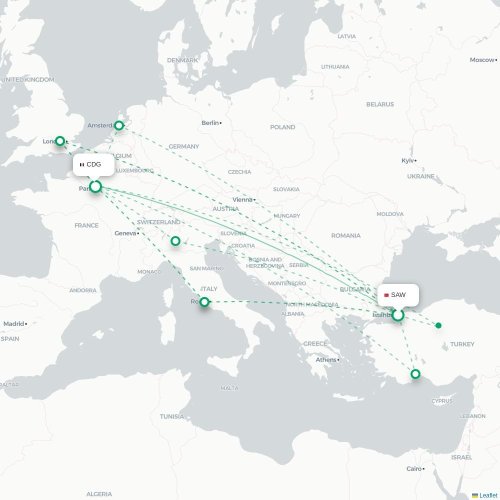 Mapa de vuelo directo Estambul - París