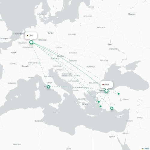 Mapa de vuelo directo Estambul - Colonia