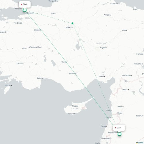 Mapa de vuelo directo Estambul - Damasco