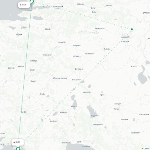 Mapa de vuelo directo Estambul - Dalaman