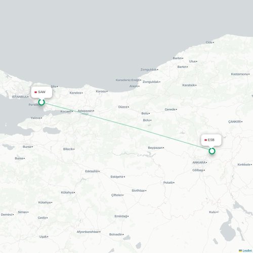 Mapa de vuelo directo Estambul - Angora