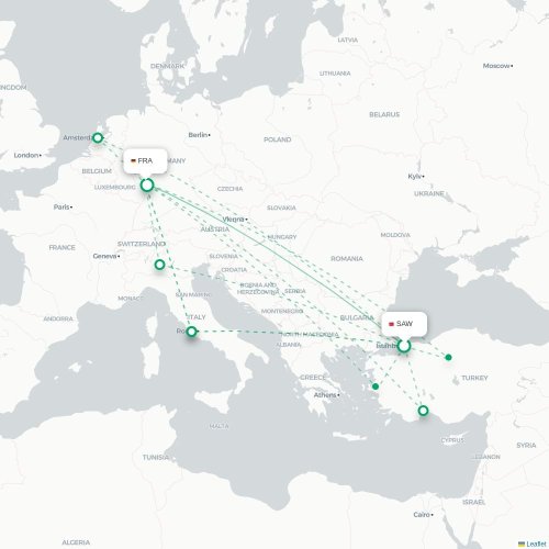 Mapa de vuelo directo Estambul - Fráncfort