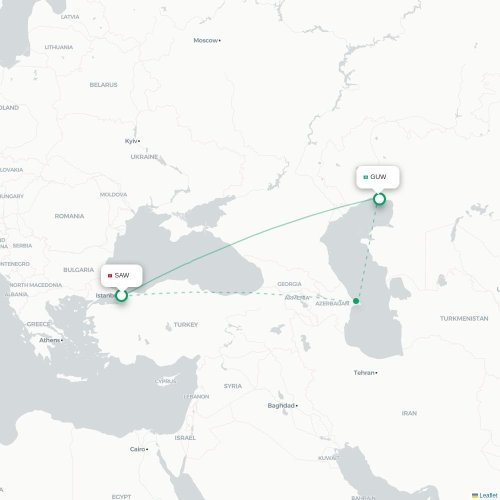Mapa de vuelo directo Estambul - Atyrau