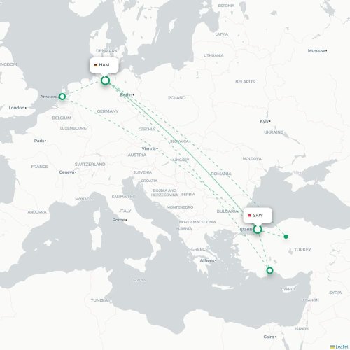 Mapa de vuelo directo Estambul - Hamburgo