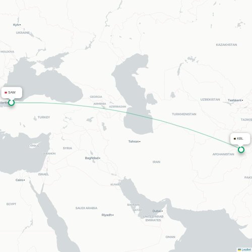 Mapa de vuelo directo Estambul - Kabul