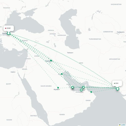 Mapa de vuelo directo Estambul - Karachi