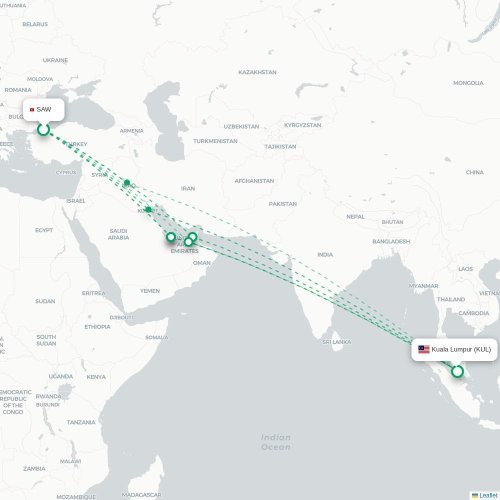 Mapa de vuelo directo Estambul - Kuala Lumpur