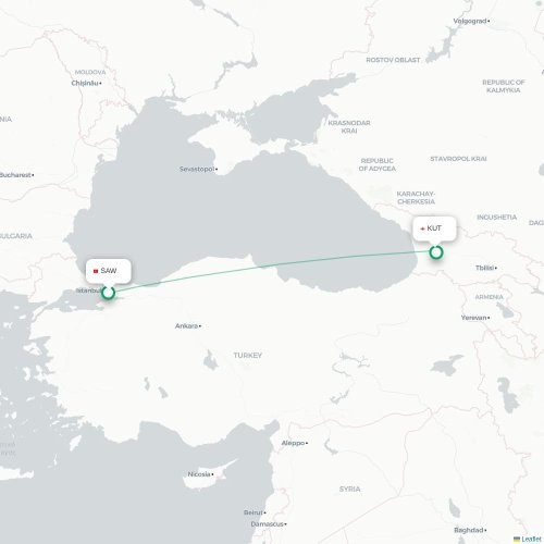 Mapa de vuelo directo Estambul - Kutaisi