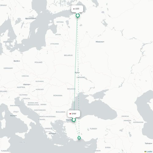 Mapa de vuelo directo Estambul - San Petersburgo