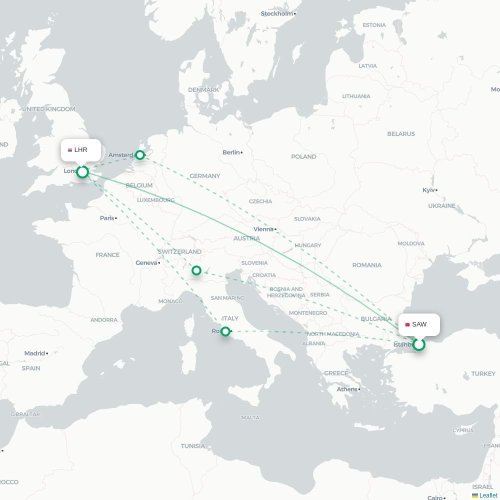 Mapa de vuelo directo Estambul - Londres