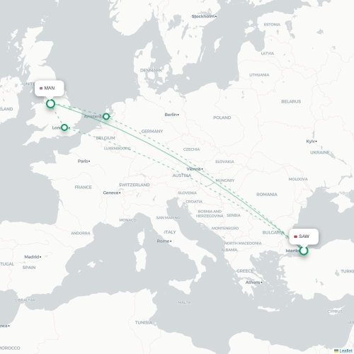 Mapa de vuelo directo Estambul - Mánchester