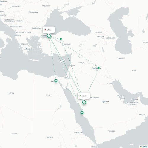 Mapa de vuelo directo Estambul - Medina