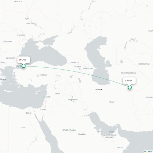 Mapa lotu bezpośredniego Stambuł – Meszhed