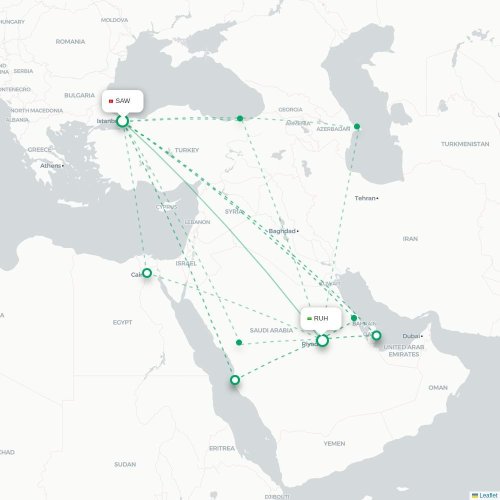 Mapa de vuelo directo Estambul - Riad