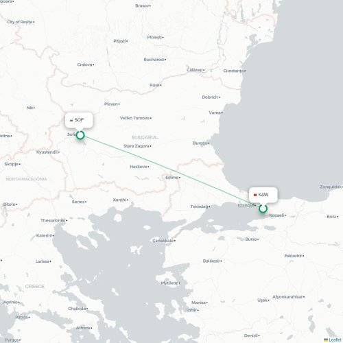 Mapa de vuelo directo Estambul - Sofía