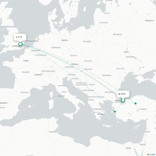 Mapa de vuelo directo Estambul - Londres