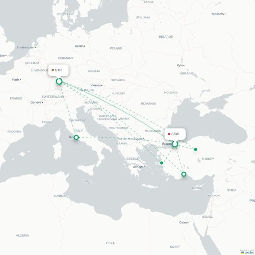 Mapa de vuelo directo Estambul - Stuttgart