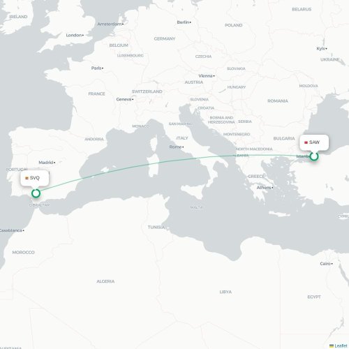 Mapa de vuelo directo Estambul - Sevilla