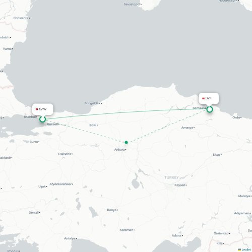 Mapa de vuelo directo Estambul - Samsun