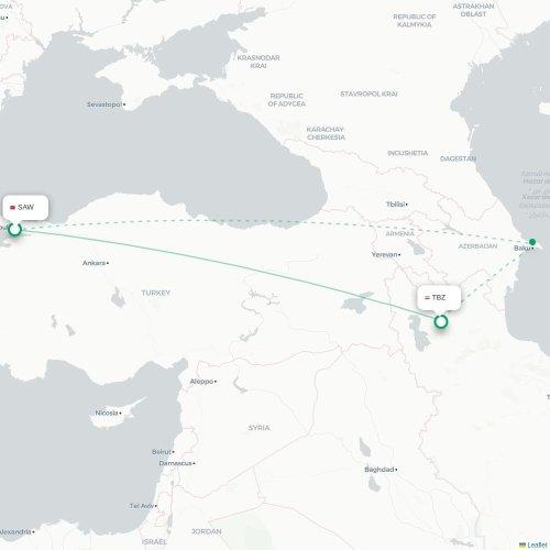 Mapa lotu bezpośredniego Stambuł – Tabriz