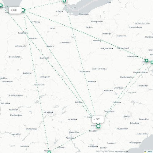 Mapa lotu bezpośredniego South Bend – Charlotte