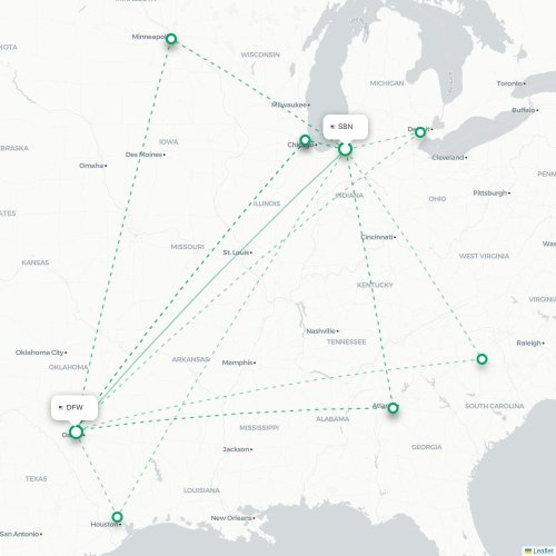 Mapa lotu bezpośredniego South Bend – Dallas