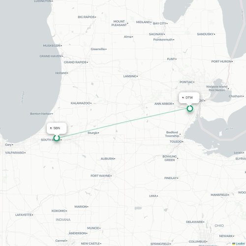 Mapa lotu bezpośredniego South Bend – Detroit