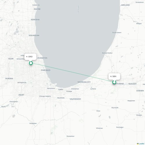 Mapa lotu bezpośredniego South Bend – Chicago