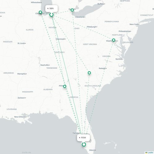 Mapa lotu bezpośredniego South Bend – Fort Myers