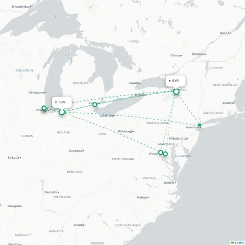 Mapa lotu bezpośredniego South Bend – Syracuse